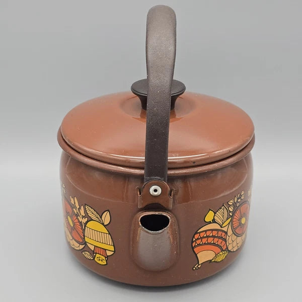 Vintage 70's Mushroom & Fruit Enamelware Brown Tea Kettle With Lid & Handle