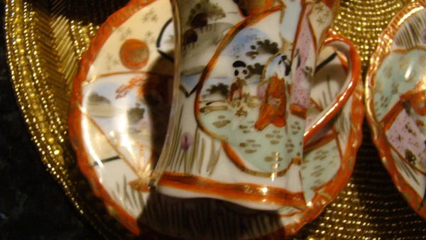 Nippon Japanese Porcelain Chocolate Pot Coffee Teapot Geisha Enamel Red Set of 4