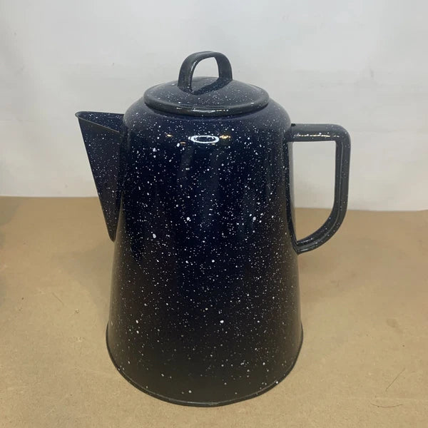 Vintage Enamelware Coffee Tea Pot Kettle & 7 Cups Blue & White Speckled