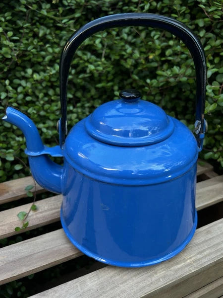 VTG Blue Enamelware Teapot Kettle Farmhouse Rustic Kitchen Decor Primitive