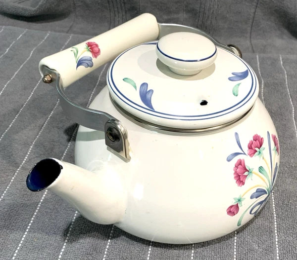 VINTAGE LENOX POPPIES ON BLUE METAL ENAMEL TEA POT KETTLE 8 CUP USA  EX COND.