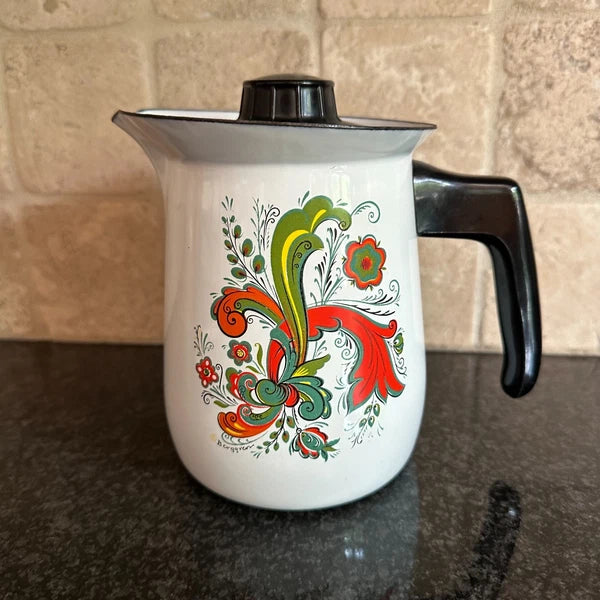 Vtg Berggren Swedish Floral Enamel Coffee Tea Pot Folk Art Design Enamelware