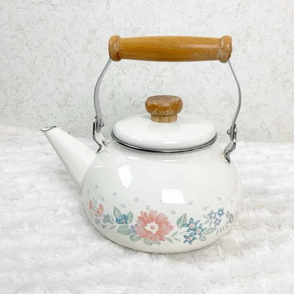 Vintage Lincoware Corelle Symphony Floral Enamel Metal Teapot Kettle Farmhouse