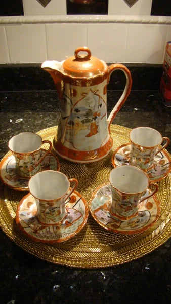 Nippon Japanese Porcelain Chocolate Pot Coffee Teapot Geisha Enamel Red Set of 4
