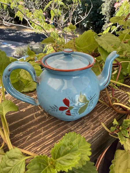 French Vintage Enamelware Tea Pot/Raised Enamelware Floral Painting/Miniature