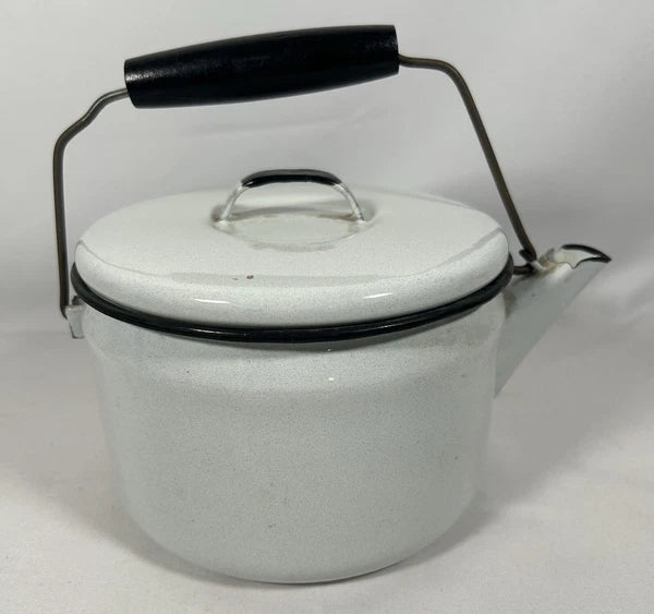 Vintage Enamelware Lidded TeaPot White w/ Black Trim, Wood Handle Farmhouse