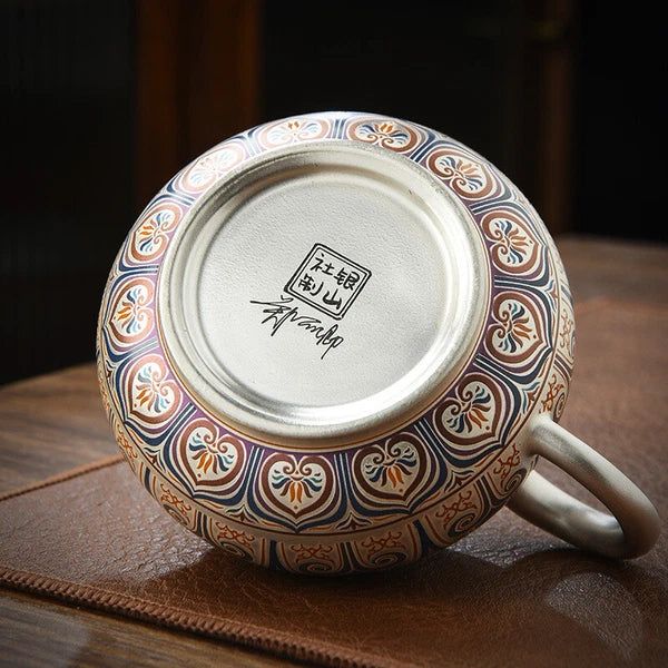 999 Silver Enamel Color Fengming Pot Ceramic Silver Teapot Kung Fu Tea Set Cups