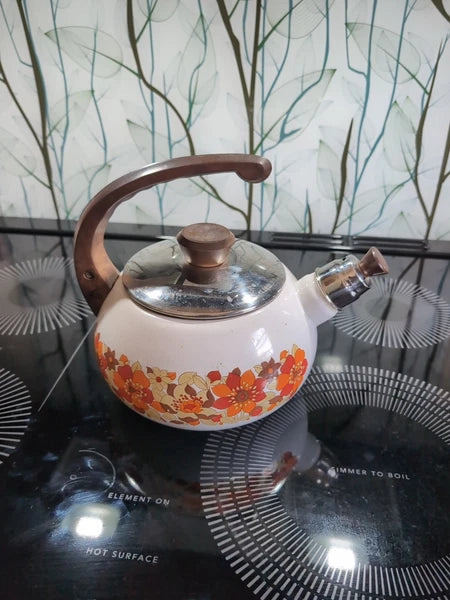 Vintage Bumper Harvest Enamelware Teapot Whistling Kettle Tea Pot Has Rust Spots