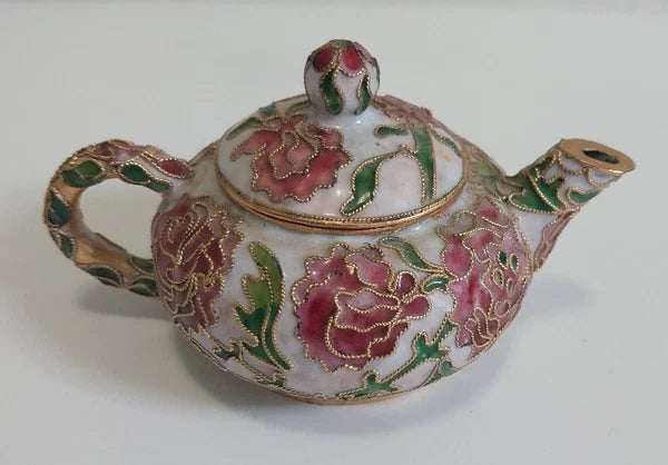 Miniature Floral Enamel Cloisonné Teapot Pink/Mauve Flowers