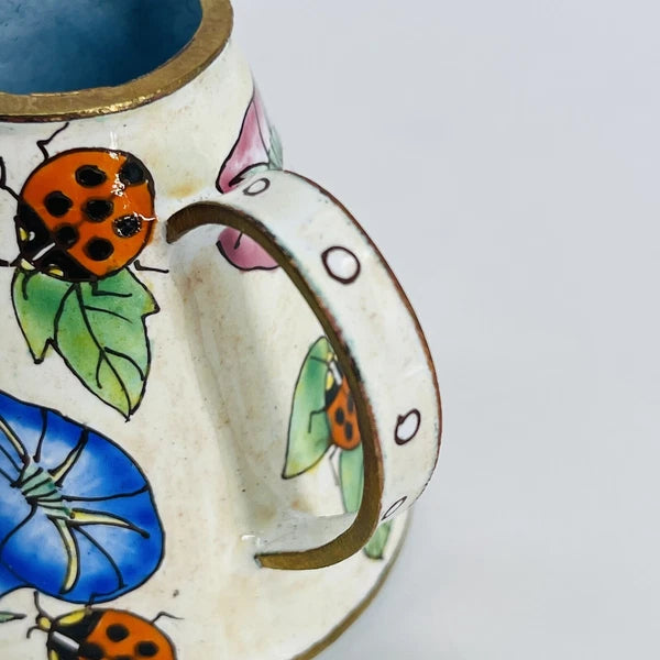 VINTAGE MINI HAND-PAINTED FLORAL LADYBUG METAL ENAMEL/BRASS TEAPOT/WATER CAN