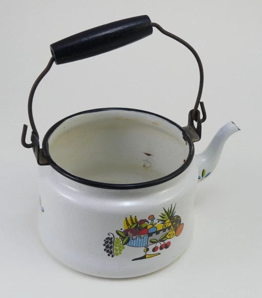 Vintage White Enamelware Metal Teapot / Tea Kettle with Retro Fruit Bowl Design