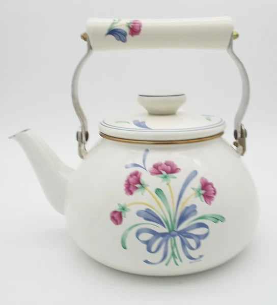 Lenox Poppies on Blue Metal Enamel Tea Kettle Teapot