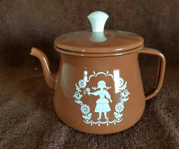 Vintage Enamelware Teapot Kettle;Coffee Brown & White