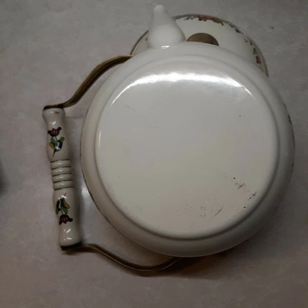 Vintage Enameled Floral Motif Tea Kettle Brass Knob Ceramic Handle Teapot