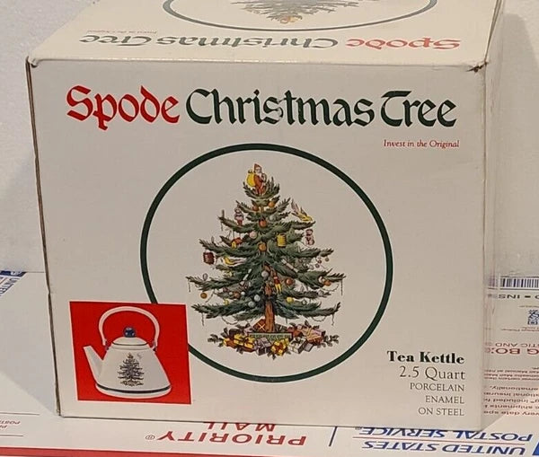 Spode Christmas Tree 2.5 QT Tea Kettle Teapot Porcelain Enamel on Steel