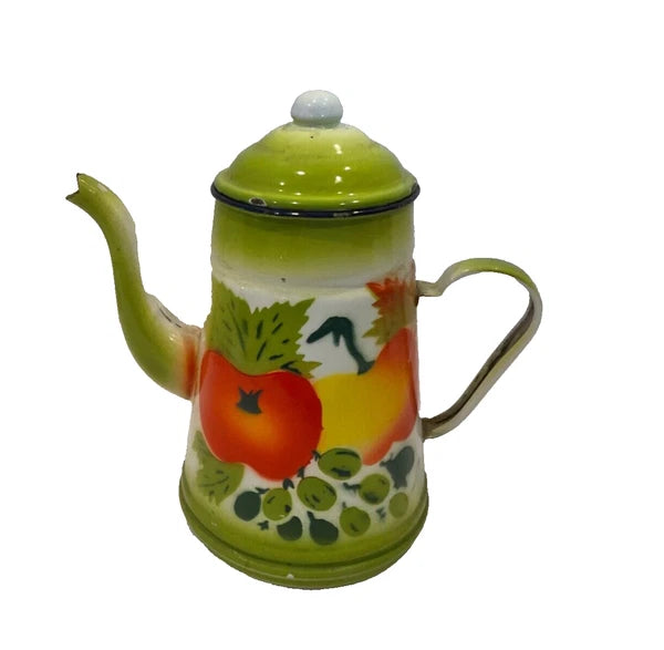 Vintage 1960s  Enamelware Coffee Teapot Painted Fruit Gooseberry & Peaches 8”