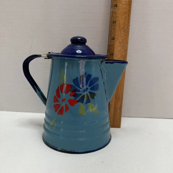 Vintage Enamel Toleware Metal Teapot w Lid Robin Egg Blue with Floral Design 6"