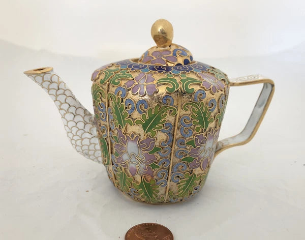 Vintage Cloisonne Enamel and Bronze 2 Teapot Set