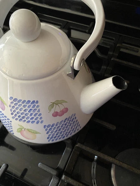 Teapot White Enamel Fruit Pear Cherries Plum Peach Blue 2 Qt Tea Pot