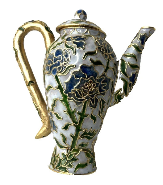Vtg Cloisonne teapot w/lid blue tone floral design enamel inside 5"