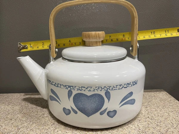 Vintage 80s Blue Hearts Enamel Kettle by Jay Made in Thailand Wood Handle EUC
