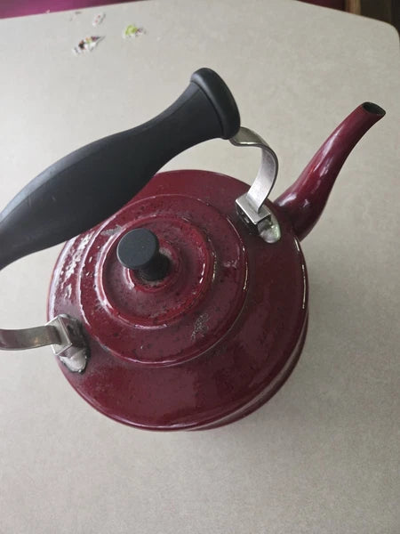 Paula Deen Speckled Tea Pot Burgundy Enamel Stove Top Tea Kettle