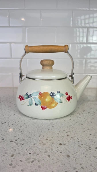 Vintage Lincoware Enamel Teapot Cream Fruit Motif Wood Handle Kettle