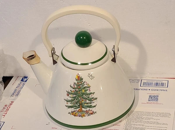 Spode Christmas Tree 2.5 QT Tea Kettle Teapot Porcelain Enamel on Steel