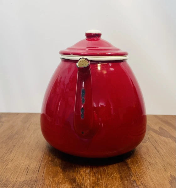 Red Enamelware Tea Kettle 1907 by Emalia Olkusz 5 cup Stovetop Tea Pot Poland