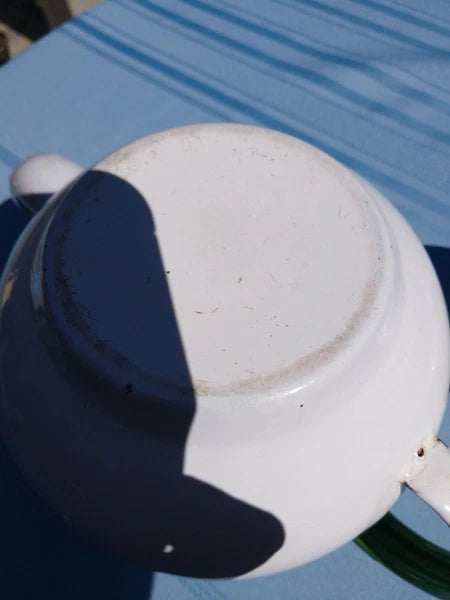 Retro Enamel Teapot With Green Trim