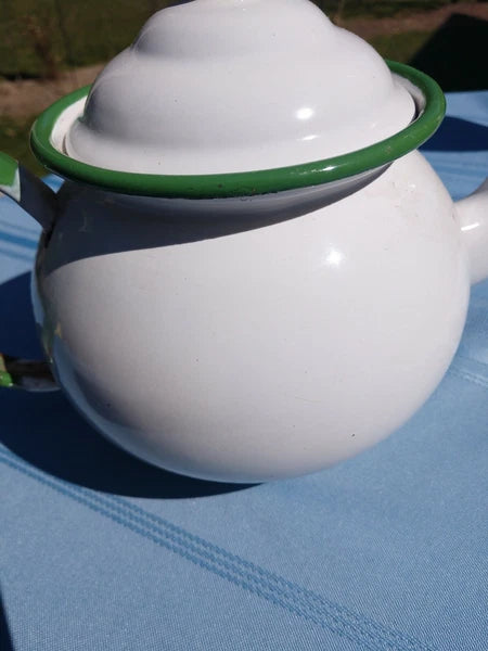 Retro Enamel Teapot With Green Trim