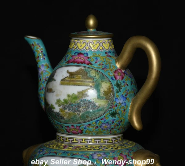 8.6" Qianlong Enamel Color Porcelain Gilt landscape Gourd Wine Pot Teapot