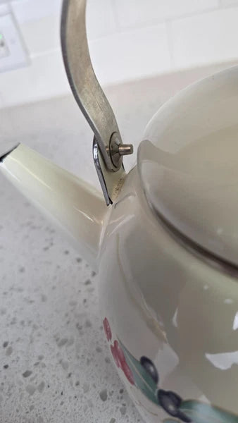 Vintage Lincoware Enamel Teapot Cream Fruit Motif Wood Handle Kettle