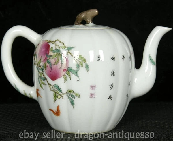 6.2" Old China Qianlong Marked Colour Enamel Porcelain Fushou Bat Peach Teapot