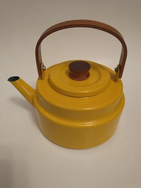Vintage Cousances (Le Creuset) MCM Yellow Enamel Tea Kettle Teak Handle