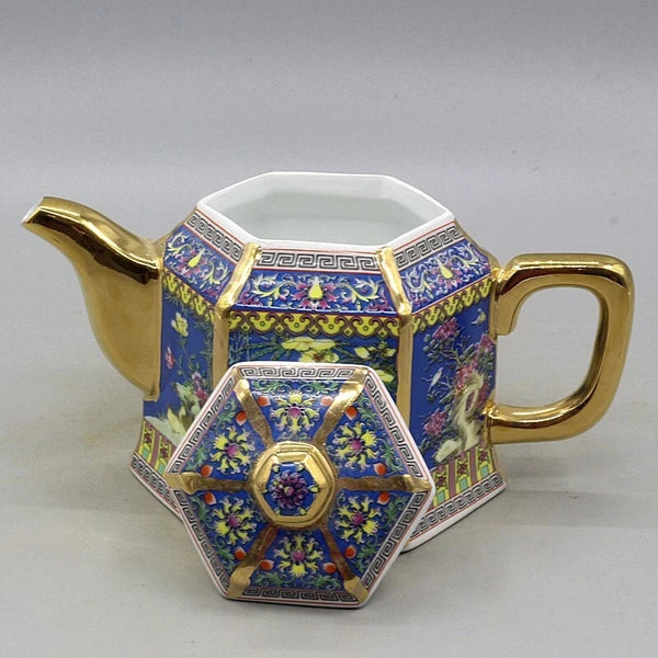 6.5" Chinese Qing Colour Enamels Porcelain Gild Crane Flower Six Sides Teapot