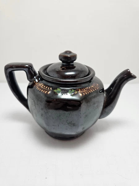 Vintage Brown Betty Redware Teapot Japan Moriage Enamel Hand Painted