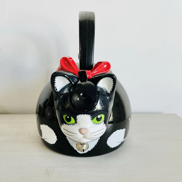 Vintage 1995 Ancona Kitty Cat Bow Tea Kettle Teapot Black And White