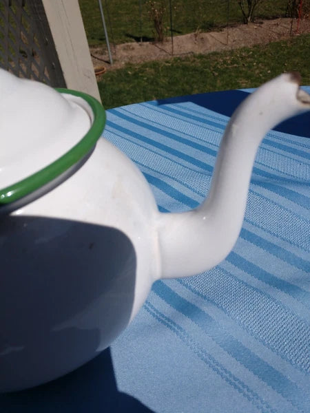 Retro Enamel Teapot With Green Trim