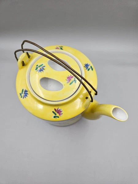 Vintage Asian Inspired Teapot with Flat Lid & Wire Handles Floral On Yellow