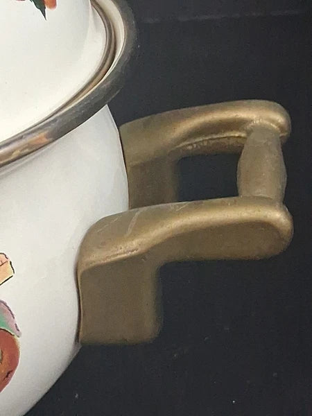 Vtg Lot Enamel Cookware Pots Tabletops Unlimited Cornucopia Teapot Brass Handles