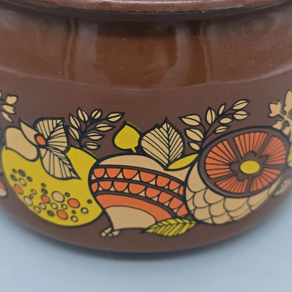 Vintage 70's Mushroom & Fruit Enamelware Brown Tea Kettle With Lid & Handle