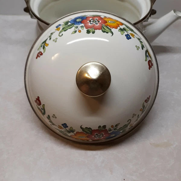 Vintage Enameled Floral Motif Tea Kettle Brass Knob Ceramic Handle Teapot