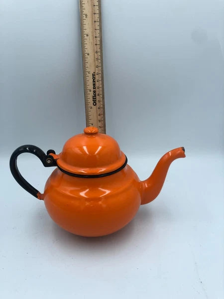 Vintage Huta Silesia Enamelware Orange Teapot 60s-70s