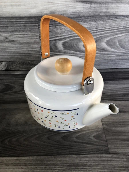 Country Fair Country Flowers Tea Kettle 2 Quart, Porcelain Enamel Vintage Japan