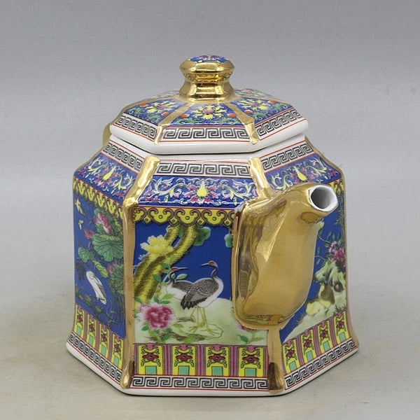 6.5" Chinese Qing Colour Enamels Porcelain Gild Crane Flower Six Sides Teapot