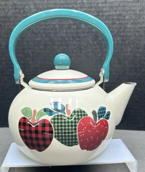 Vintage Apple Themed Enamel Metal Teapot Kettle, Farmhouse, Kitchen, Granny Core