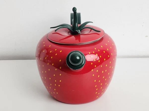 Copco Strawberry Tea Kettle Enamel Whistling Complete 2.5Qt Vtg 90s Cottage Core