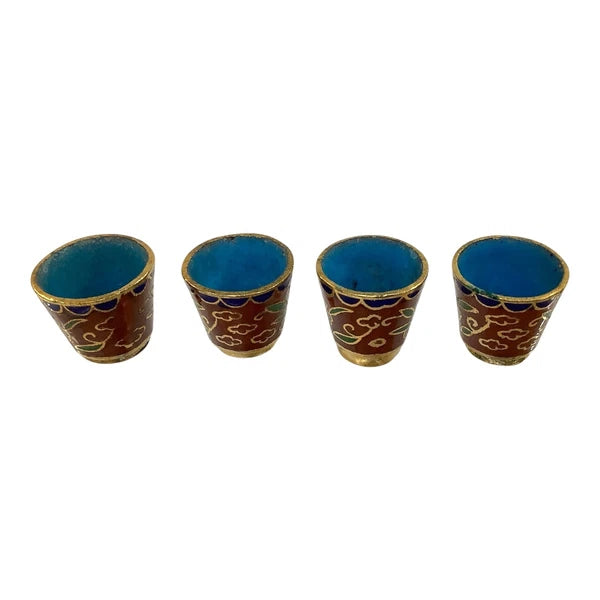 Vtg Cloisonné Miniature Chinese Teapot 6pc Set Brass Enamel Floral Inlay Unique