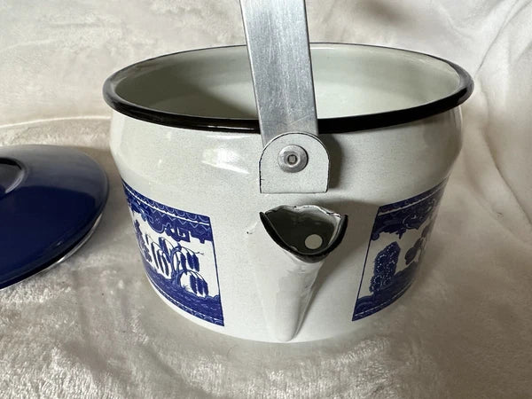 Vintage Enamel Tea Kettle White With Blue Scene